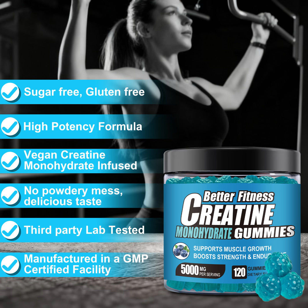 Better Fitness Creatine Monohydrate Gummies 5000mg best creatine gummies for men vegan sugar free third party tested blueberry for women