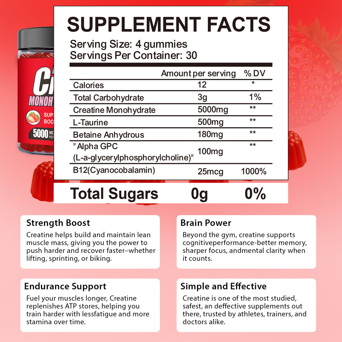 Creatine Monohydrate Gummies, 120 Count, 30 Servings, Strength Support & Muscle Recovery Supplement for Men and Women, Vegan, Sugar Free - Strawberry