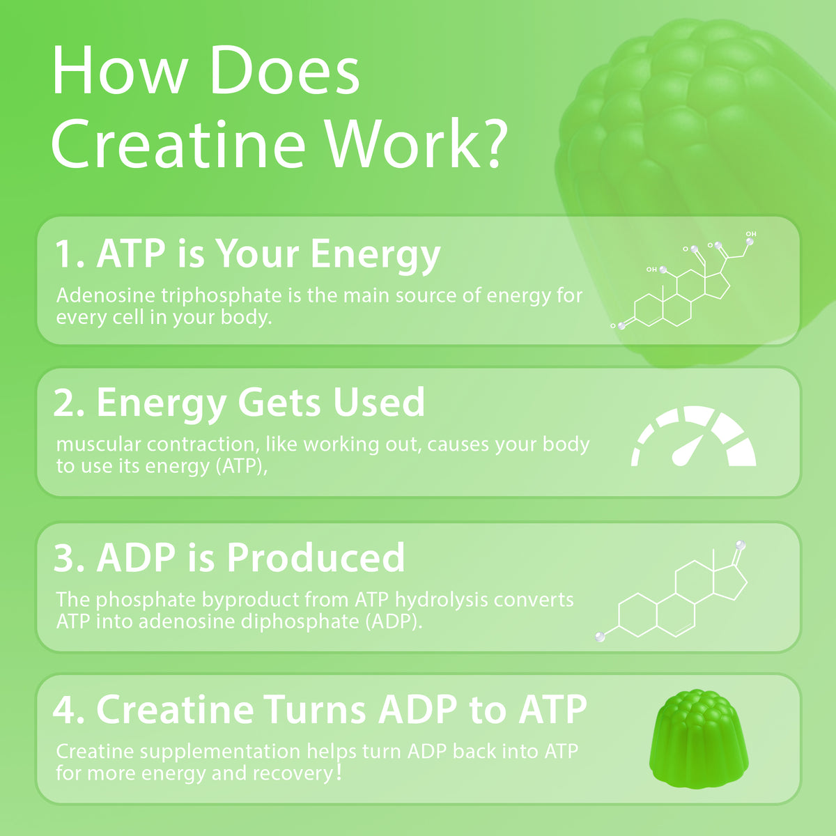Creatine Monohydrate Gummies, 120 Count, 30 Servings, Strength Support & Muscle Recovery Supplement for Men and Women, Vegan, Sugar Free - Green Apple