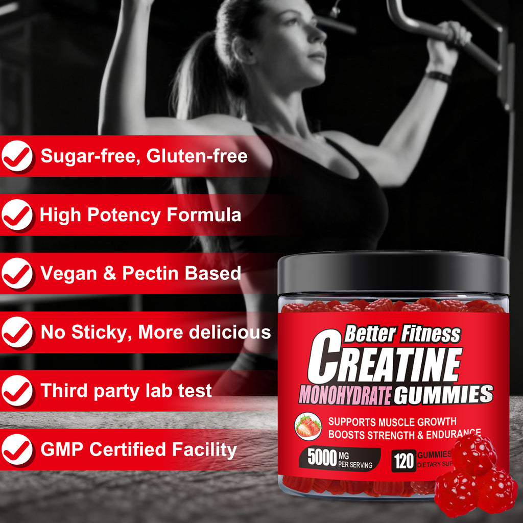 Creatine Monohydrate Gummies, 120 Count, 30 Servings, Strength Support & Muscle Recovery Supplement for Men and Women, Vegan, Sugar Free - Strawberry