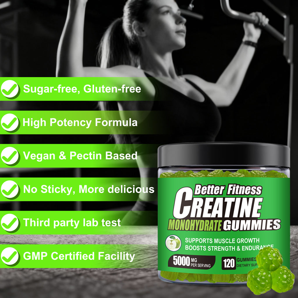 Creatine Monohydrate Gummies, 120 Count, 30 Servings, Strength Support & Muscle Recovery Supplement for Men and Women, Vegan, Sugar Free - Green Apple