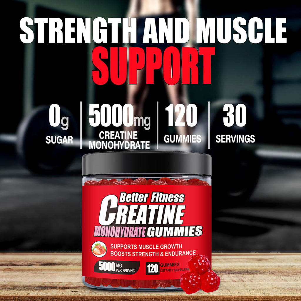 Creatine Monohydrate Gummies, 120 Count, 30 Servings, Strength Support & Muscle Recovery Supplement for Men and Women, Vegan, Sugar Free - Strawberry