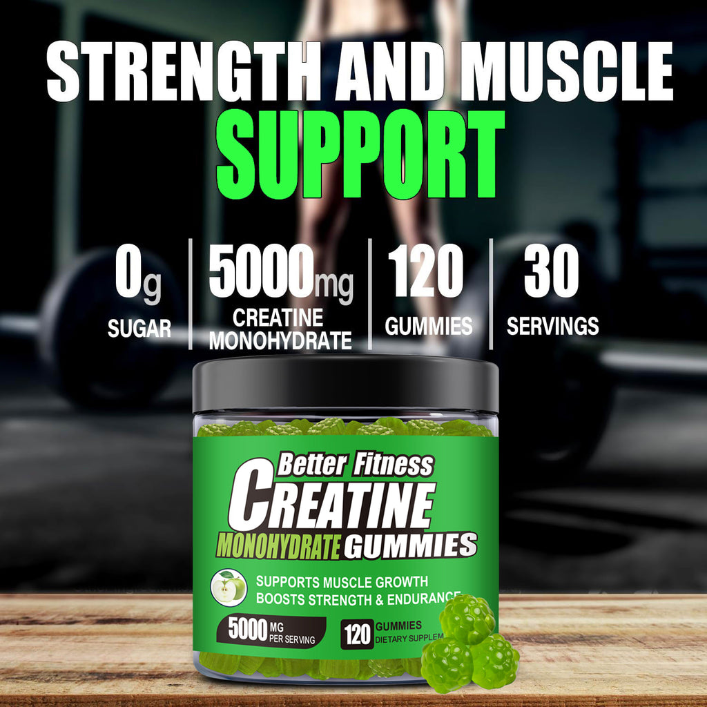 Creatine Monohydrate Gummies, 120 Count, 30 Servings, Strength Support & Muscle Recovery Supplement for Men and Women, Vegan, Sugar Free - Green Apple