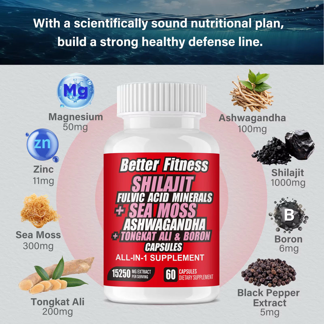 Shilajit Capsules with Ashwagandha Sea Moss Tongkat Ali Zinc Magnesium and Boron, Vitality and Energy Blend, 60 Capsules, 30 Day Supply