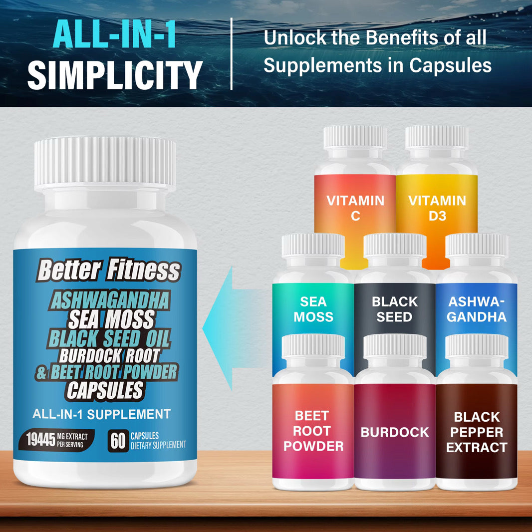 Ashwagandha Capsules with Sea Moss Black Seed Oil Burdock Root Beet Root Vitamin C and D3, Daily Wellness and Energy Support, 60 Capsules, 30 Day Supply