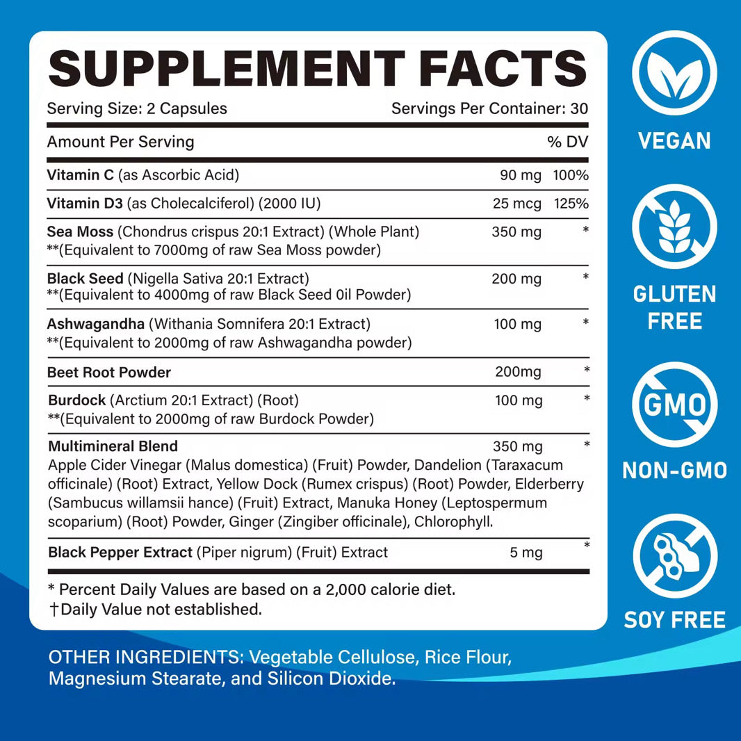 BetterFitness Ashwagandha Capsules Sea Moss Beet Root Vitamin D3 Non-GMO Energy Support