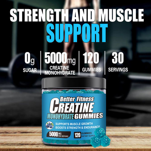Blueberry Creatine Monohydrate Gummies, 120 Count, 30 Servings, Strength Support & Muscle Recovery Supplement for Men and Women, Vegan, Sugar Free