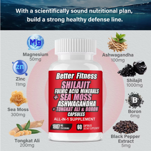 Shilajit Capsules with Ashwagandha Sea Moss Tongkat Ali Zinc Magnesium and Boron, 60 Count, 30 Day Supply