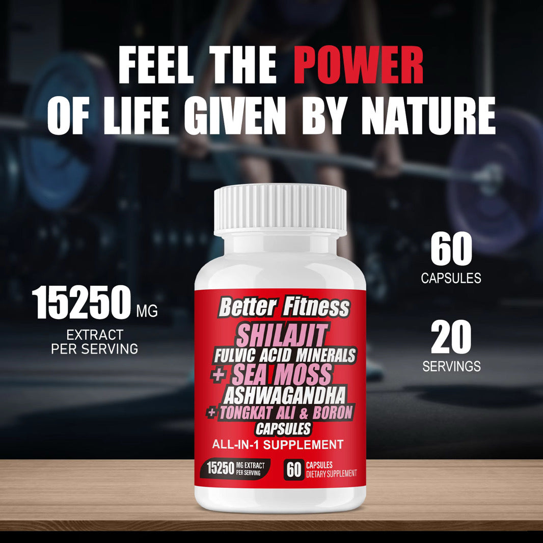 BetterFitness Pure Himalayan Shilajit Capsules - Sea Moss Ashwagandha Tongkat Ali Non-GMO Energy Boost 60ct