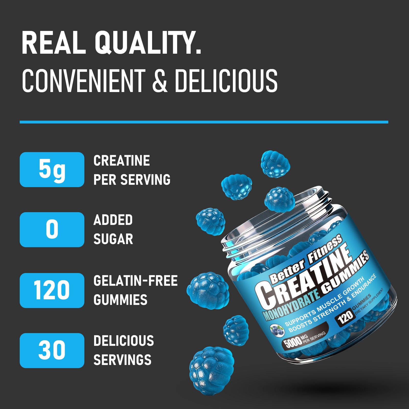 Creatine Monohydrate Gummies 5000mg, Blueberry, 120 Count, Muscle Growth Strength and Energy, Pre-Workout, Vegan, Sugar Free, Men and Women, 30 Servings
