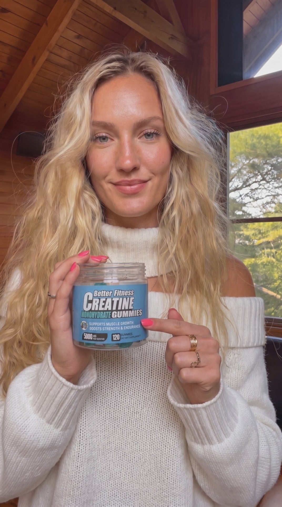 Better Fitness Creatine Monohydrate Gummies UGC review woman holding creatine gummies jar 5000mg blueberry vegan sugar free creatine supplement video review